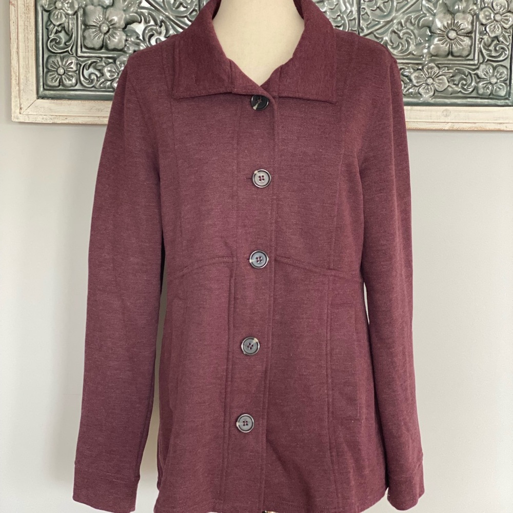 prAna Catrina organic cotton fleece jacket size Large peacoat purple burgundy - Picture 2 of 14